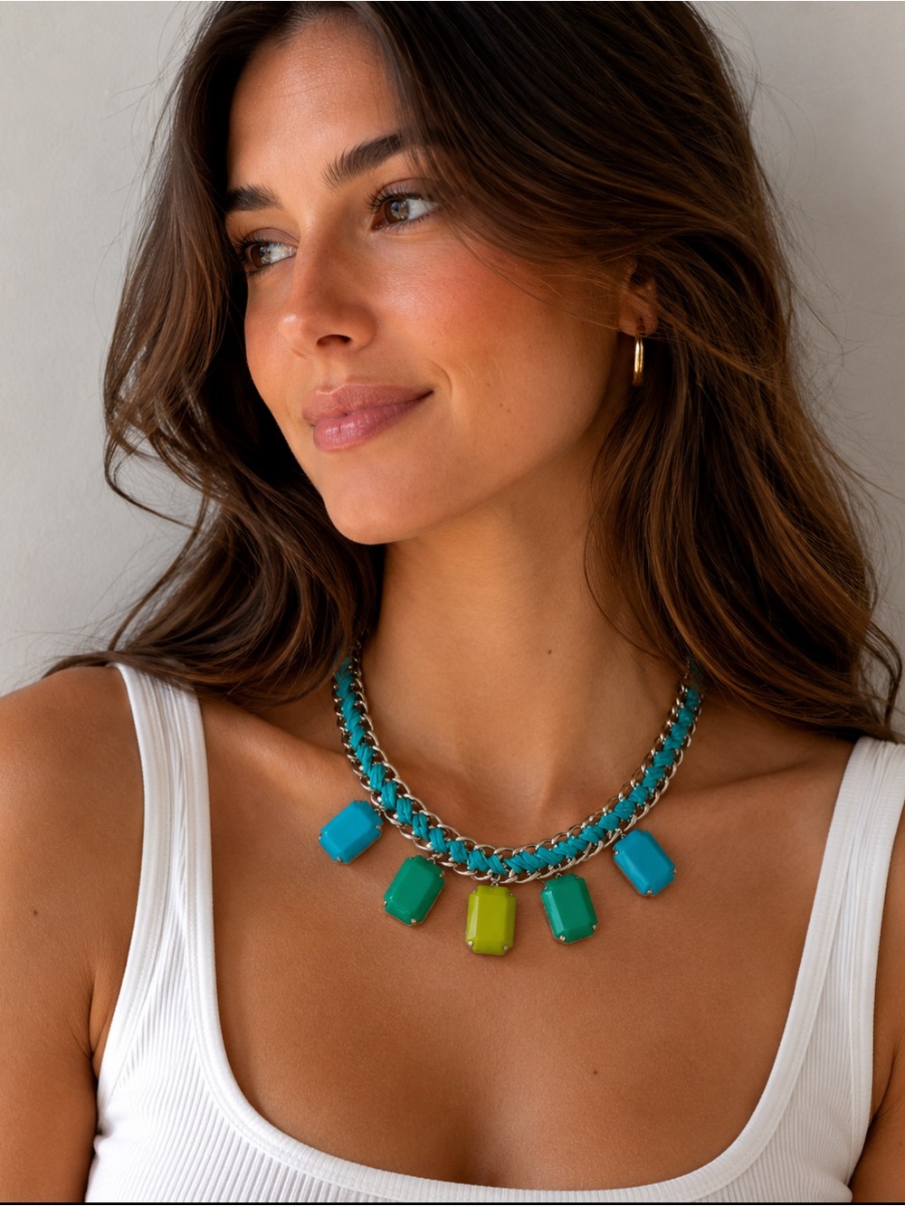 Lydell NYC - Statement Multicolor Gem Chain Necklace - Turquoise & Green